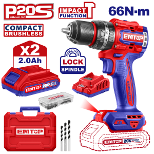 TALADRO ATORNILLADOR 20V P20S 66NM CON PERCUTOR MANDRIL METALICO EMTOP ECIDL20668 - Imagen 1