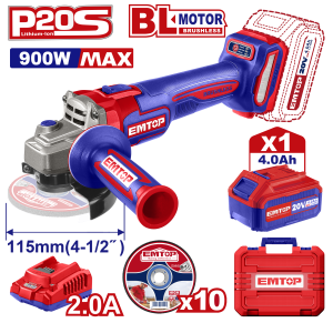 AMOLADORA A BATERIA 20V SIN CARBONES 4 1/2 115MM CON 1 BATERIA Y CARGADOR EN MALETIN EMTOP ELAG211541 - Imagen 1
