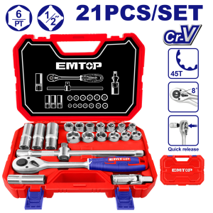 JUEGO DE DADOS 24 PIEZAS LLAVE CRIQUE 1/2" EN VALIJA EMTOP ESKT12211 - Imagen 1